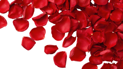 Fresh beautiful red rose petals scattered on transparent background backdrop design