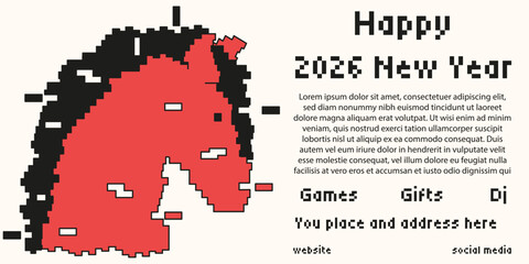 Modern Glitch effect 2026 chinese New Year holiday banner template design. Horizontal banner with Glitch effect horse and bold holiday message. EPS 10