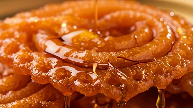 Sweet syrup being poured over a crispy jalebi dessert in a close-up view