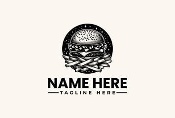 A black and white illustration of a hamburger logo with a circular shape and crisscrossed buns on a beige background with placeholder text for a name and tagline