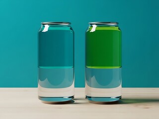 Fototapeta premium Two beverage cans, one green and one blue, standing on a table against a blue background from a straight-on viewpoint