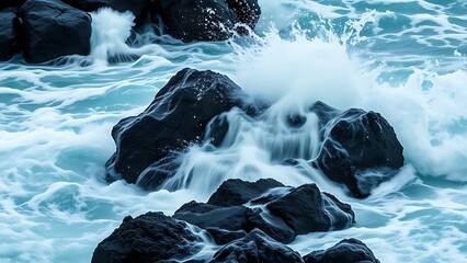 Ocean waves crashing against dark rocks with splashing water droplets in dramatic seascape.