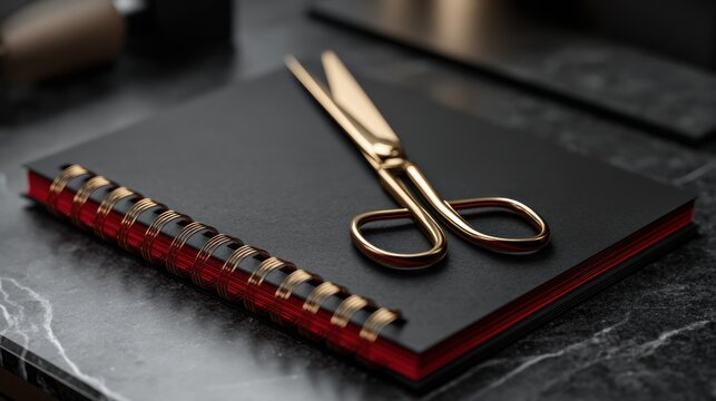 Gold scissors on black notebook
