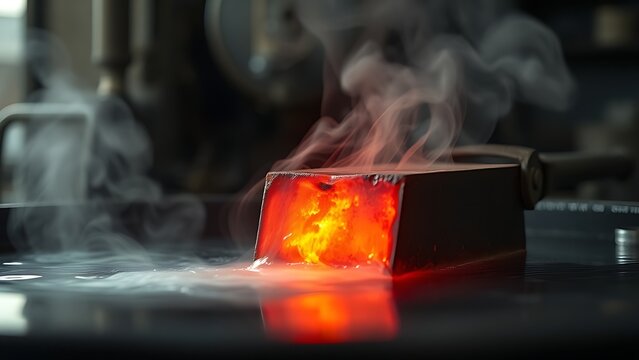 Red-hot steel being quenched in water, creating dramatic clouds of steam.