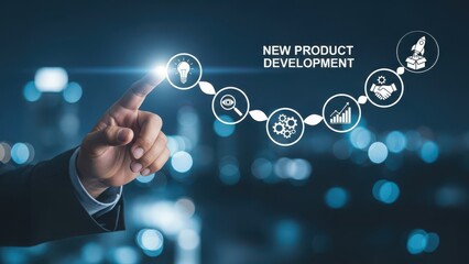 New product development and project roadmap concept. Business professional touching digital virtual screen with new product development roadmap icons, ideation, development and launching process.