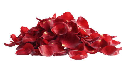 Heap pile of red rose petals on transparent backdrop for love and romance concept
