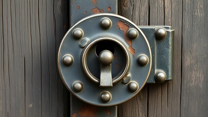 Antique prison door lock with rusted keyhole, heavy iron construction and patina on weathered wood.