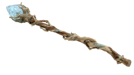 Fantasy wizard staff featuring a glowing crystal and ancient wooden handle, isolated with transparent background