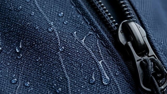 Close-up view of a wet blue jacket with an open zipper showcasing water droplets on the fabric