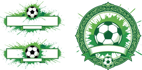 Green soccer emblem and football badge design with splatter paint style, ornamental crest, ribbon banner, and modern sports logo illustration