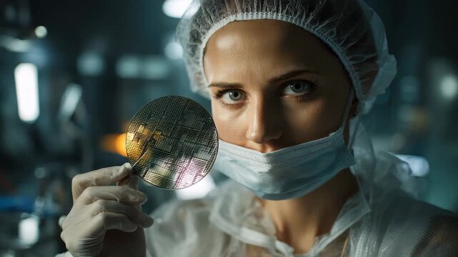 Technician holding a semiconductor wafer in a clean room during the night shift at a microelectronics facility for advanced manufacturing processes