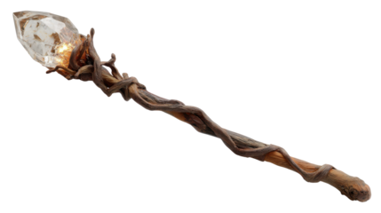 Fantasy wizard staff with glowing crystal and twisted wood design, embodying magic, power, and ancient spellcasting on transparent background