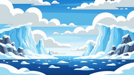 Vector illustration of a frozen arctic landscape with icebergs, icy cliffs, and calm water under a cloudy sky © PDWN Creative