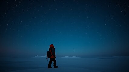 A lone explorer gazes at the starry Arctic night under the Polaris star.