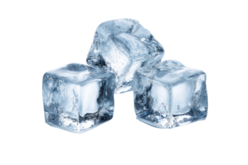 Three clear ice cubes with rough edges on black background transparent