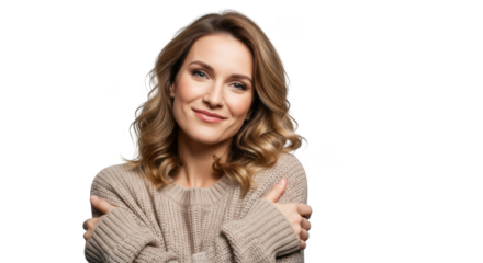 Smiling woman in a cozy sweater hugging herself isolated on transparent background