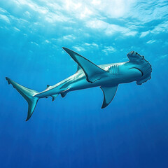Fototapeta premium An underwater illustration of a hammerhead shark swimming freely in the clear blue ocean. 