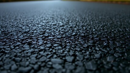 Freshly laid black asphalt road, wet and glossy after rolling.