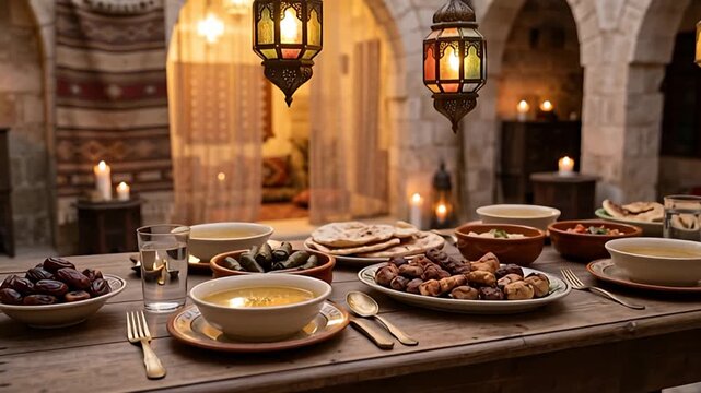 A traditional dining setup in an arched stone room with lanterns, featuring various dishes, including bowls of food, plates, and cutlery on a wooden table