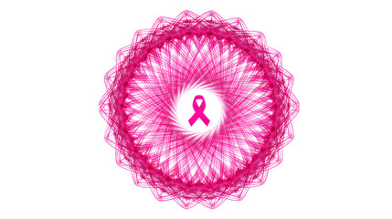 Pink geometric circular pattern with breast cancer awareness ribbon on black background symbolizing...