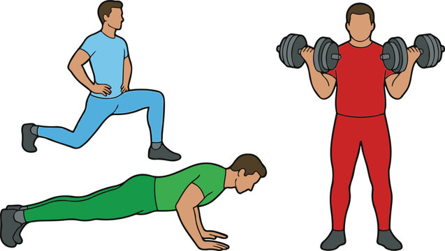 Male body types illustration featuring an ectomorph performing a lunge, a mesomorph doing a push-up, and an endomorph lifting dumbbells, representing different somatotypes, vector isolated.