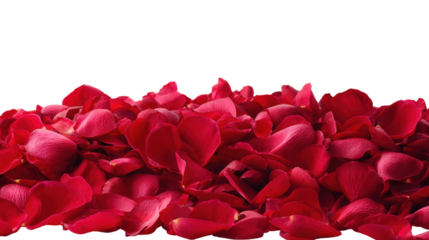 Pile of burgundy rose petals on transparent background for romantic valentine design