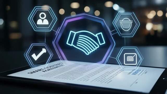 Digital Smart Contract Agreement with Verification Seal on Tablet Display in Modern Office