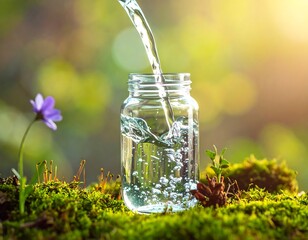 Water pouring into a glass jar in a lush natural setting