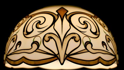 Art Nouveau 'S' curve pattern on an opal glass lampshade, soft glow.