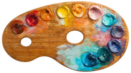 Wooden artist palette with colorful oil paints, reflecting creativity, art, and inspiration on a transparent background