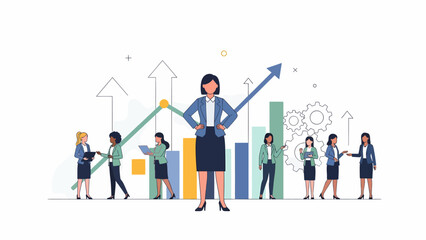 Fototapeta premium Diverse group of women in business attire standing in front of a rising graph and gears, symbolizing success and teamwork