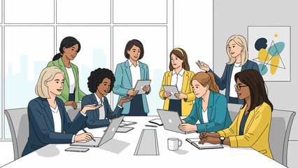 A diverse and empowered team of professional women collaborating intensely during a strategic business meeting, discussing ideas and planning for success
