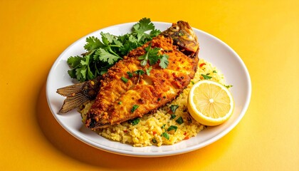 Whole grilled fish on yellow rice with cilantro and lemon, plated on white dish over yellow background.