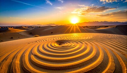 Sunset desert with concentric sand patterns and golden light over dunes.