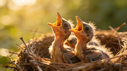 Obraz premium pragmatism. Newborn birds in nest with open beaks, soft morning light. wildlife magazines, conservation campaigns, designed for wildlife conservation campaigns.