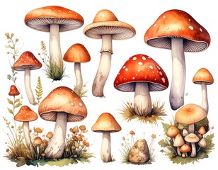 Watercolor mushrooms and foliage