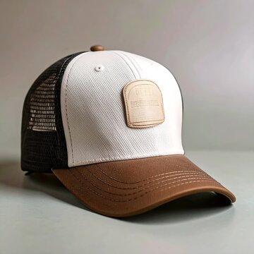 White and brown baseball cap with leather patch