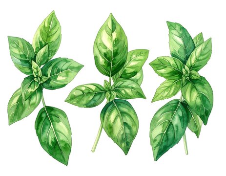 Watercolor basil sprigs
