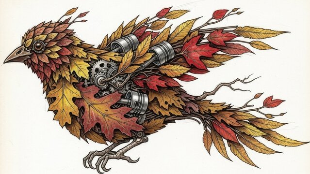 Intricate autumnal avian automaton with visible gears and pistons, blending organic and mechanical