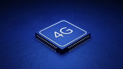 3D render of a 4G chip or processor on a dark blue background, representing mobile network technology and connectivity.
