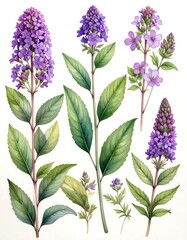 Watercolor botanical illustration of purple flowers and foliage