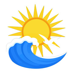 Obraz premium Bright sun, seagull, and ocean wave illustration.
