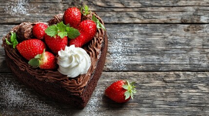 Heart-shaped chocolate cake with strawberries and whipped cream