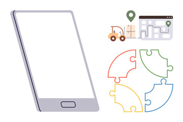 Logistics, navigation, delivery, business strategy, planning, mobile technology. Smartphone with cargo truck, map route puzzle visualization. Logistics and navigation solutions concept