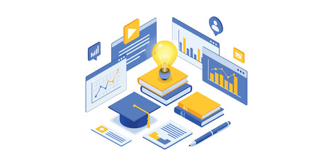 Online Education Concept Isometric Illustration with Study, Graduation, Analytics