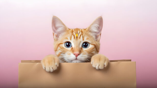 Curious kitten peeking over cardboard box on pastel pink background