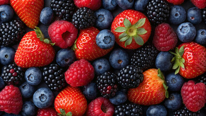 Mixed berries arranged on dark background with strawberries, raspberries, blackberries, and blueberries