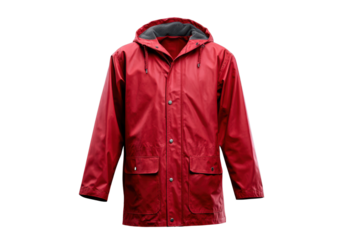 Red hooded raincoat with grey lining and pockets on black background jacket
