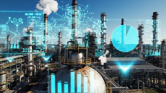 Industrial oil refinery with pipes and tanks under a clear blue sky