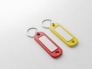 Two colorful keychains with blank labels on a plain white surface viewed from directly above